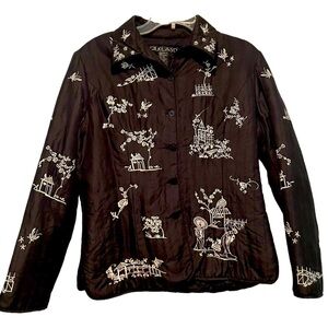 Silkland Women's Large Black Jacket 100% Silk Asian Embroidered Blossom